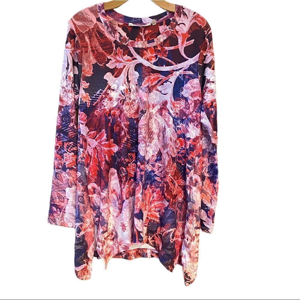 Soft Surroundings Sz M Purple Red Abstract Meritage Relaxed Fit Scoop Neck Top